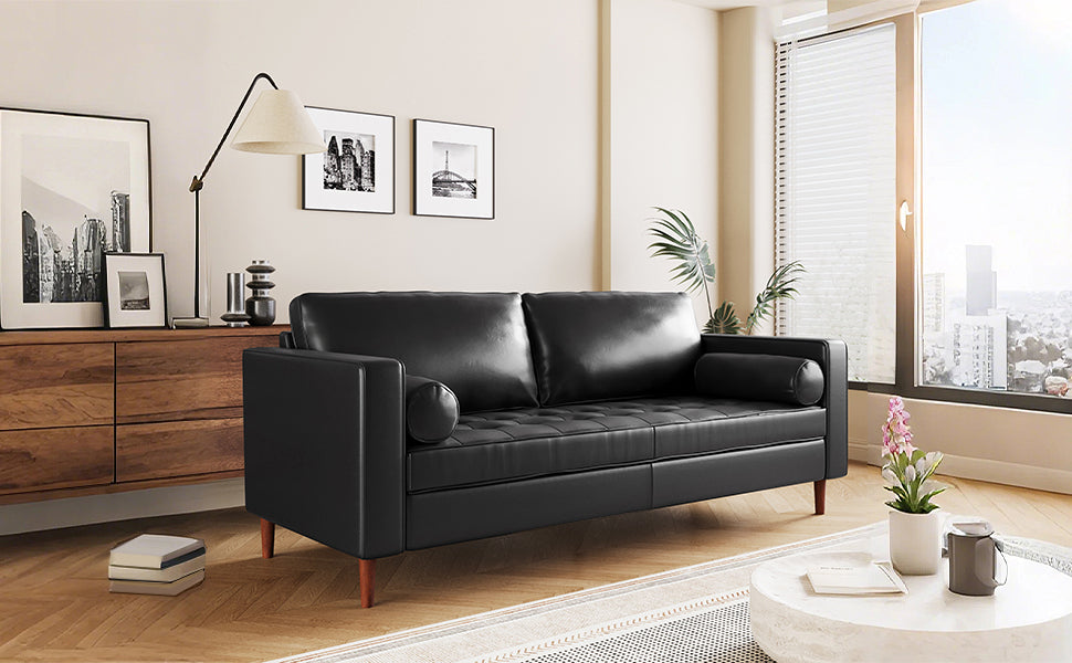 Mirod Mid-Century Modern Leather 3-Seat Sofa