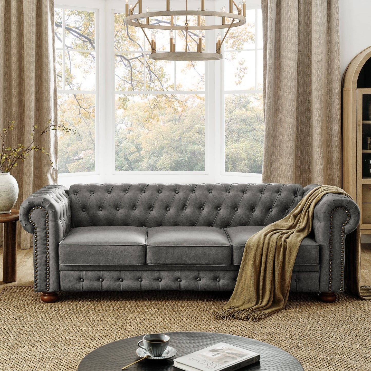 Chesterfield Sofa 3-Seater Sofa Scrolled Arms with Nailhead Decoration