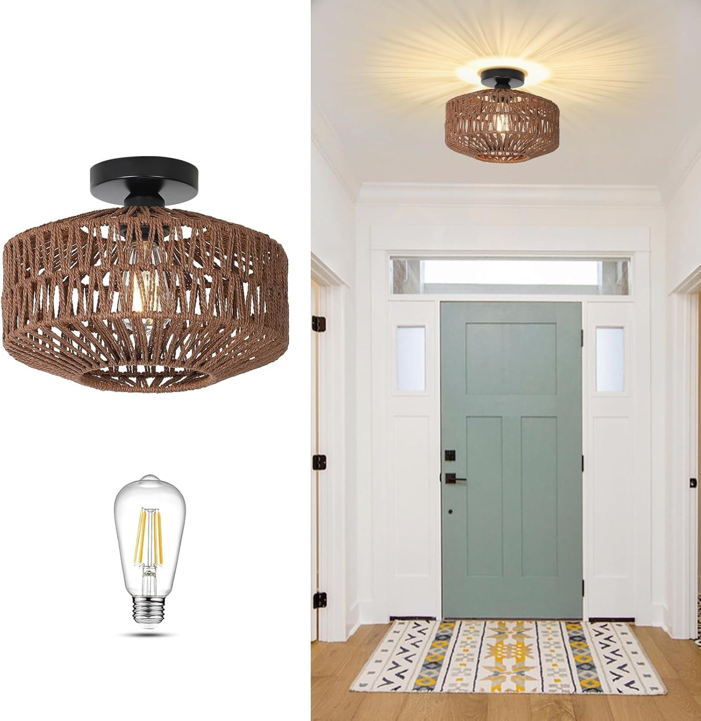 Boho Rattan Light Fixtures Ceiling Mount,Ceiling Light Fixtures with Dimmable LED Bulb.