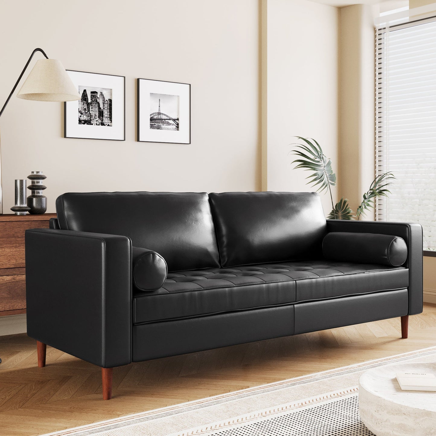 Mirod Mid-Century Modern Leather 3-Seat Sofa