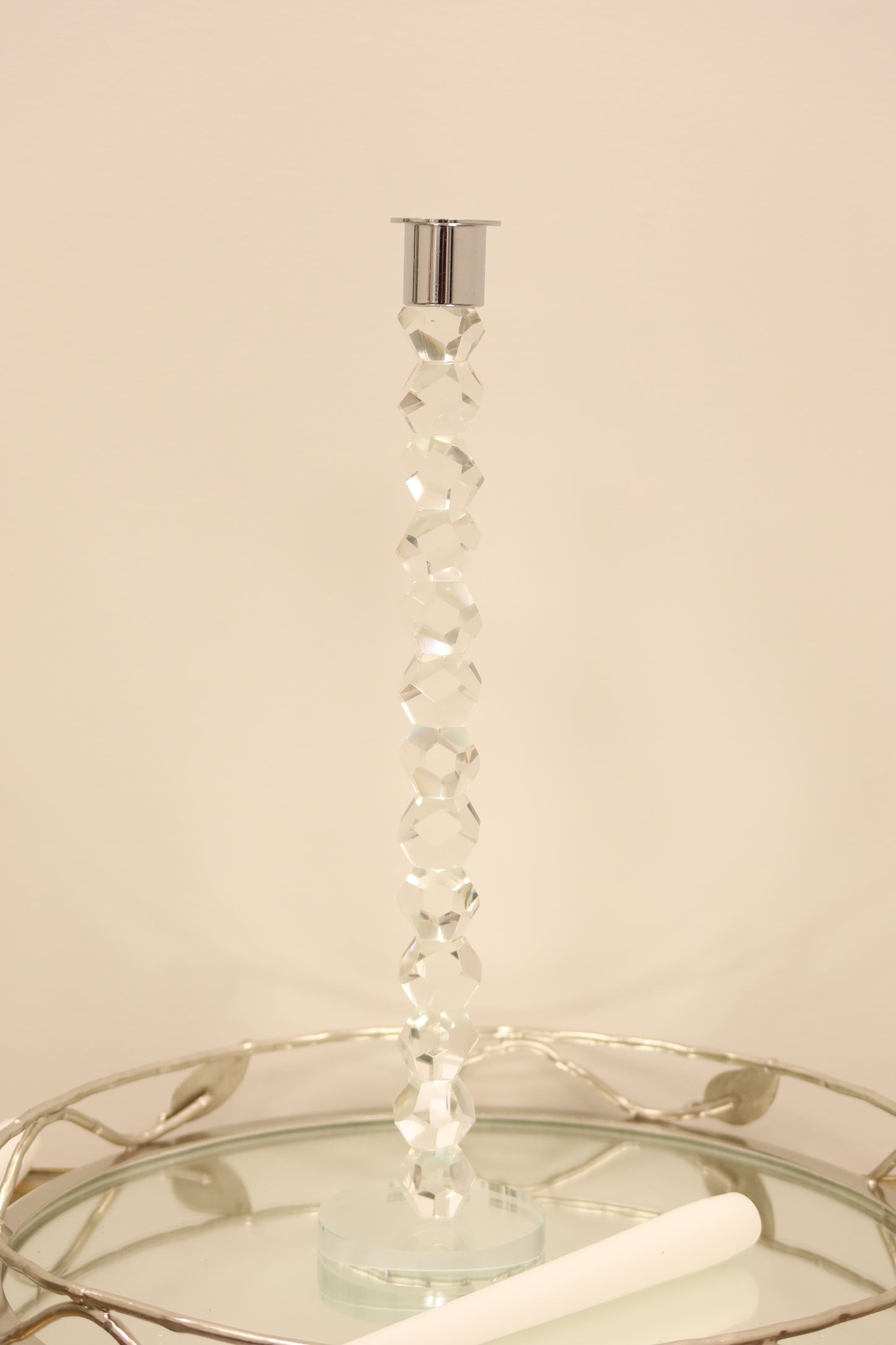 14" Clear And Silver Geo Stacks Crystal Tabletop Taper Candlestick