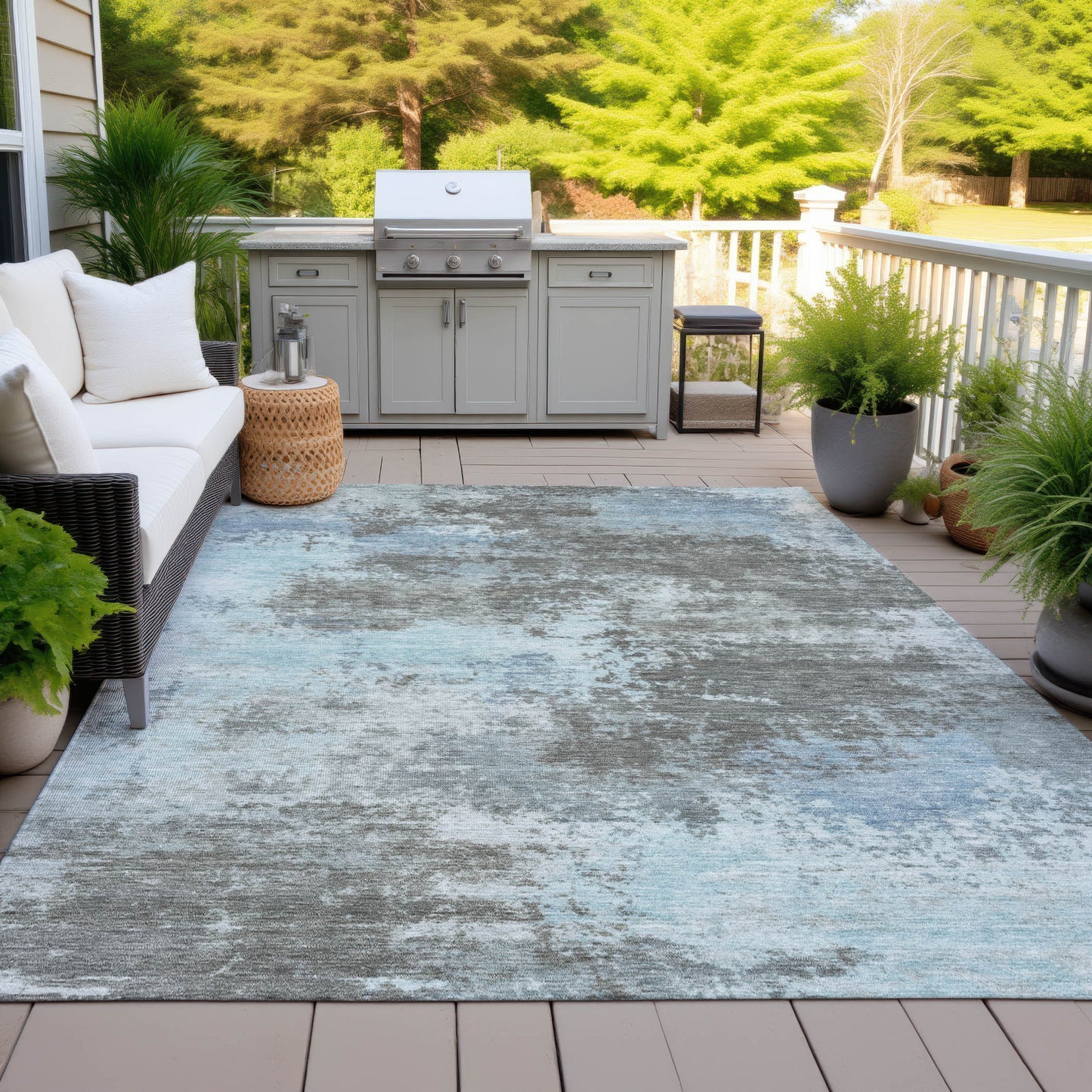 Taupe And Sky Blue Abstract Washable Indoor Outdoor Area Rug 3' X 5'