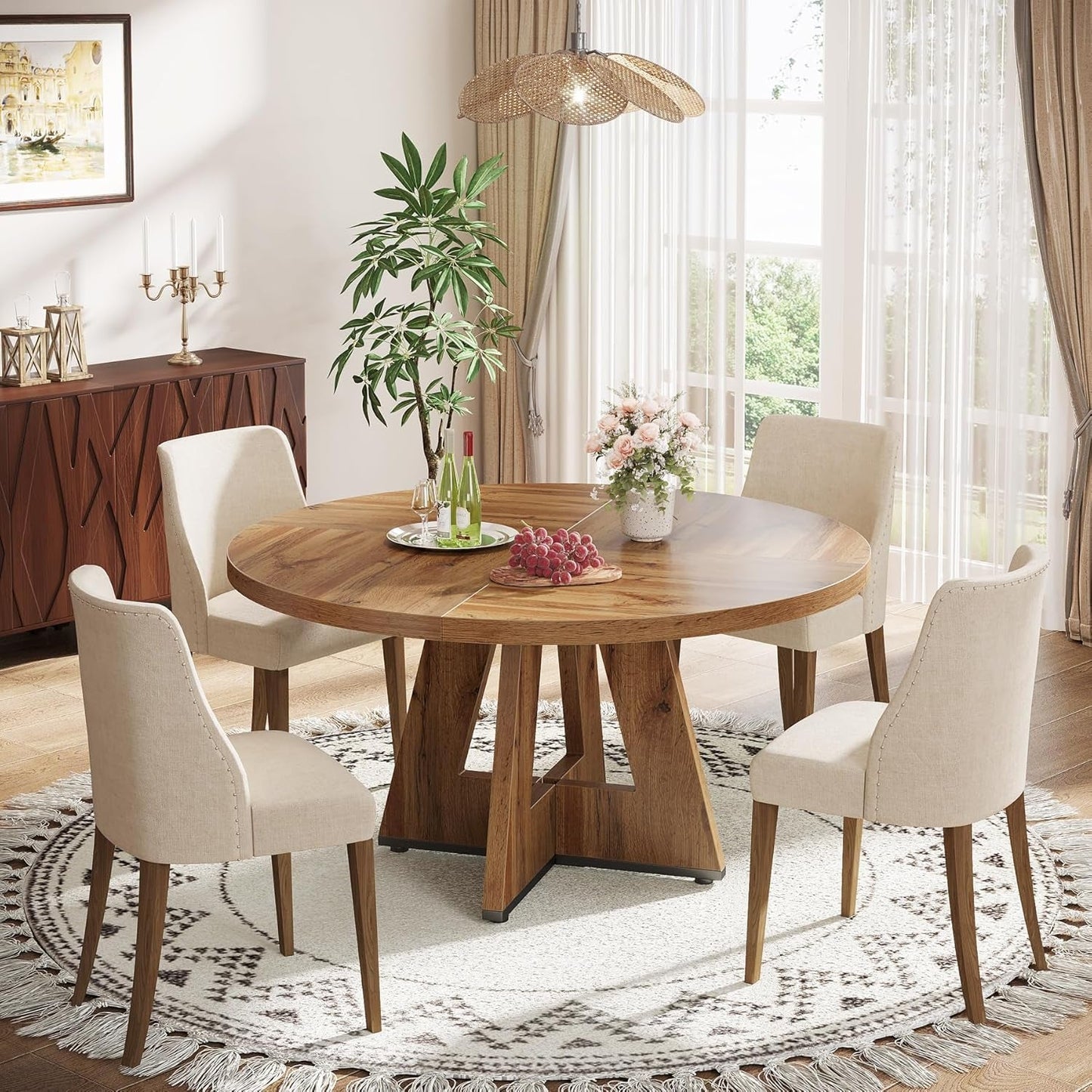 Farmhouse Dining Table, 47 Inch round Dinner Table for 4, Rustic round Dining Room Table for Home Dining Room Living Room (Wood)