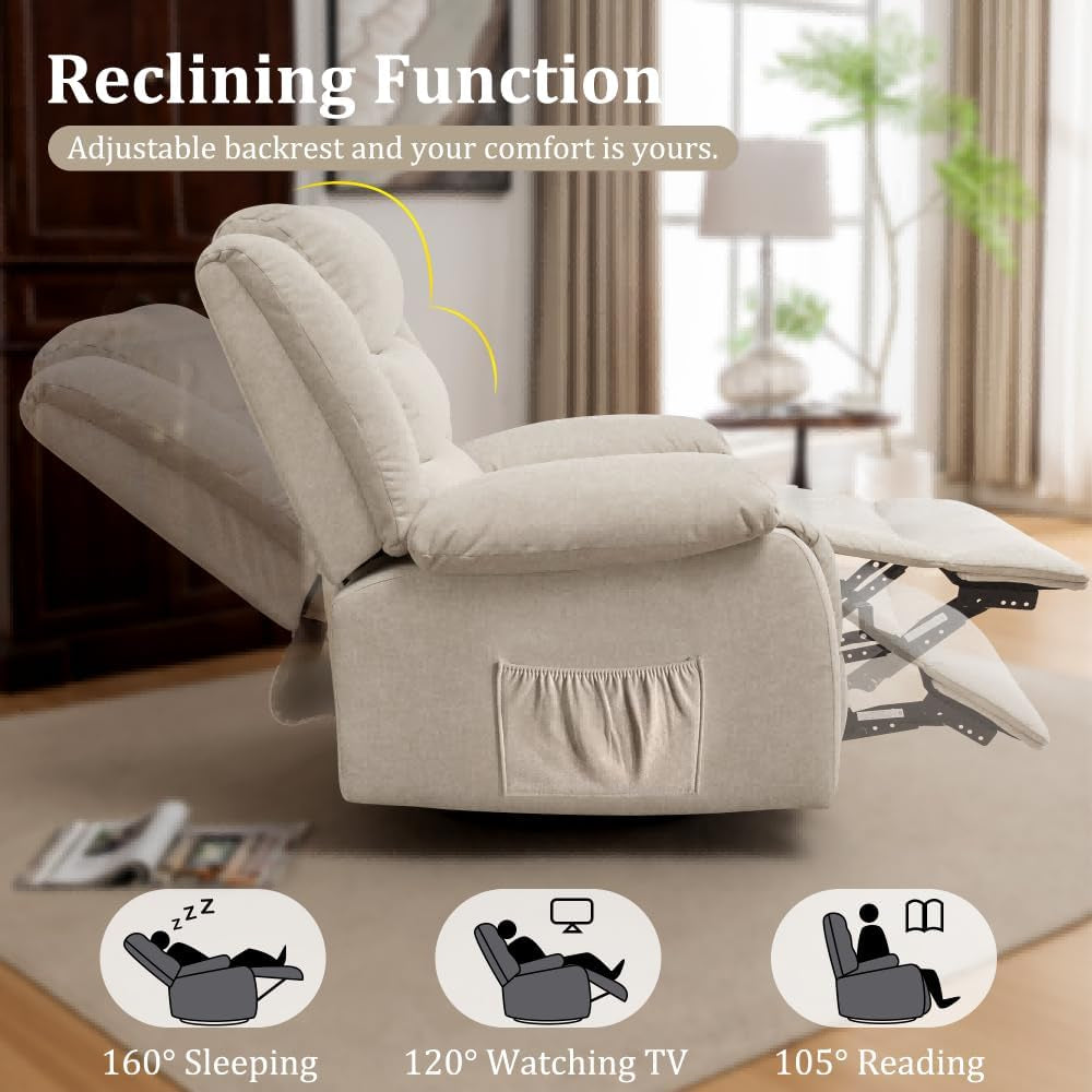 Recliner Chair, Wide Rocker Chair, Rocking Chair with Massage and Heat,360°Swivel.