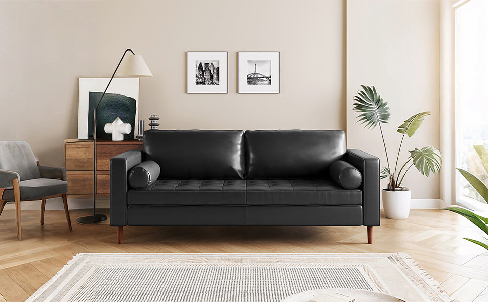 Mirod Mid-Century Modern Leather 3-Seat Sofa