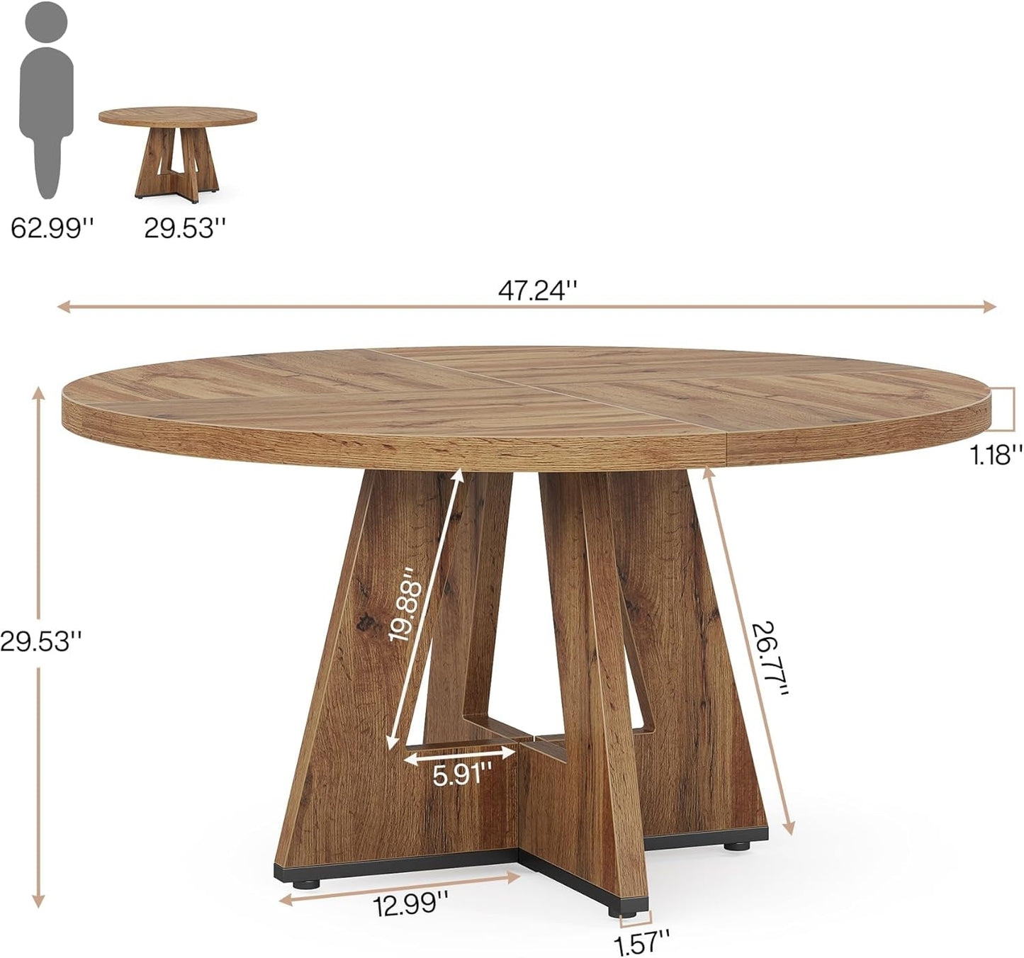 Farmhouse Dining Table, 47 Inch round Dinner Table for 4, Rustic round Dining Room Table for Home Dining Room Living Room (Wood)