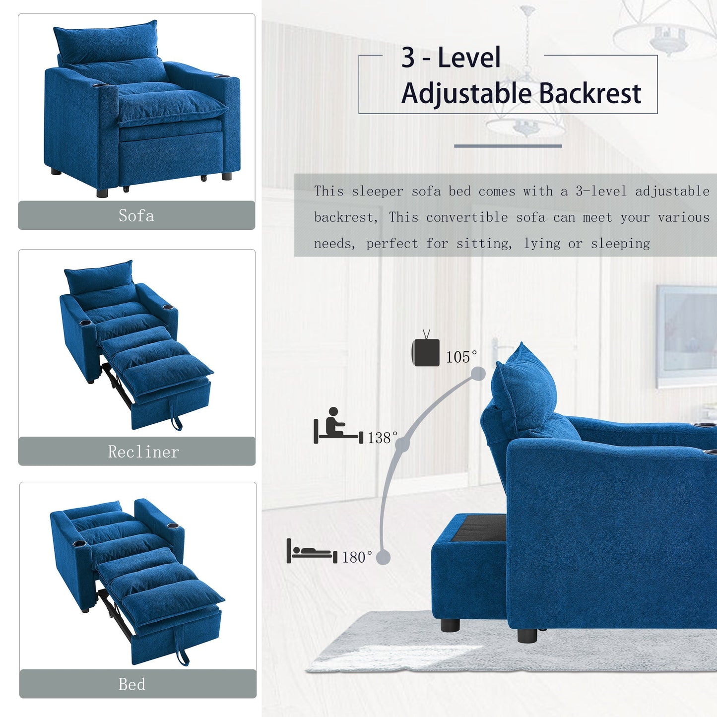 Sleeper Sofa Chair Bed, Convertible Sofa Chair 3-in-1