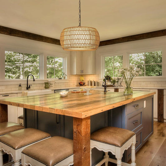 Rattan Farmhouse Chandelier Light Fixtures, 5-Lights Boho Large Pendant Light,Hand Woven Chandeliers for Dining Room with Fabric Shade.