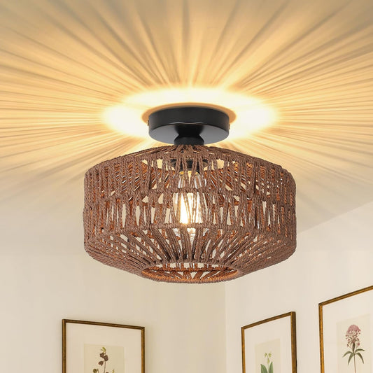 Boho Rattan Light Fixtures Ceiling Mount,Ceiling Light Fixtures with Dimmable LED Bulb.