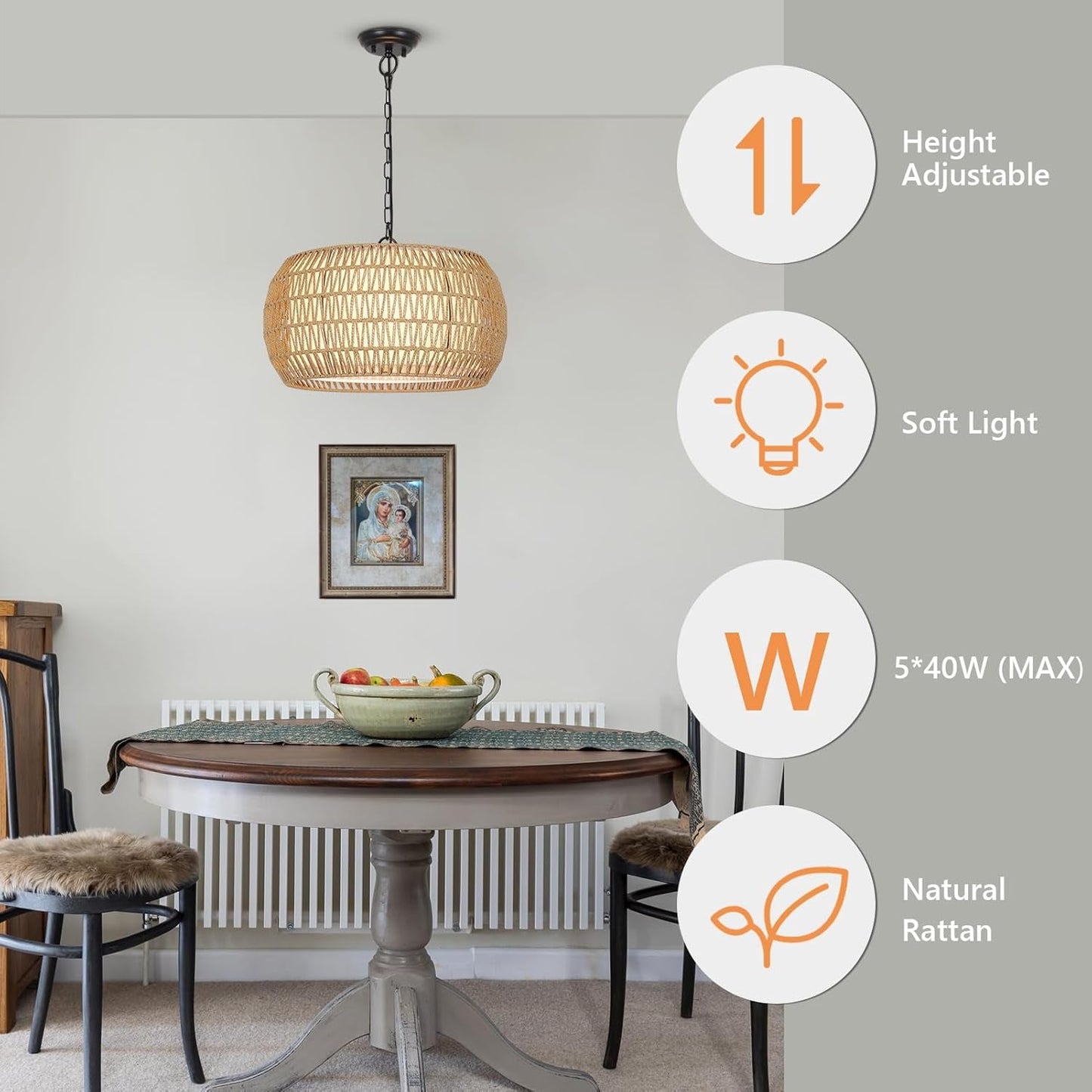 Rattan Farmhouse Chandelier Light Fixtures, 5-Lights Boho Large Pendant Light,Hand Woven Chandeliers for Dining Room with Fabric Shade.