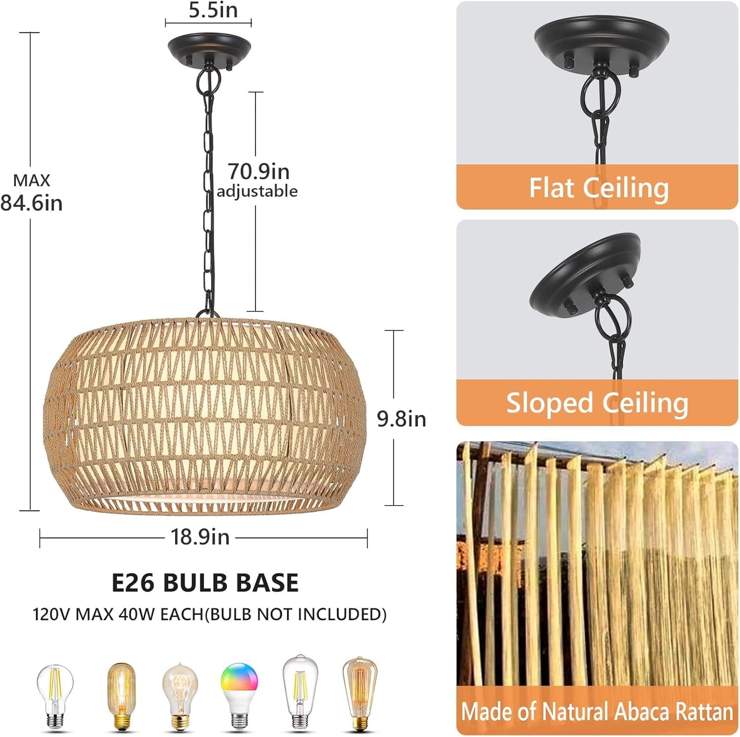 Rattan Farmhouse Chandelier Light Fixtures, 5-Lights Boho Large Pendant Light,Hand Woven Chandeliers for Dining Room with Fabric Shade.