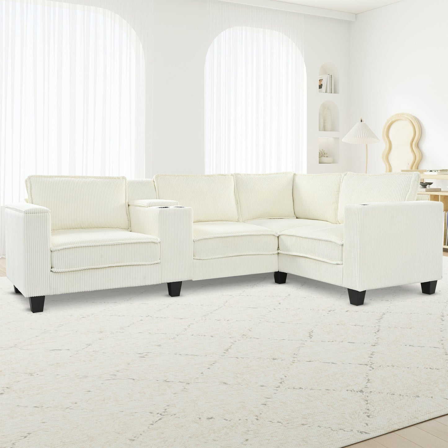 L-shaped 4-seater  corduroy sofa, large storage armrests with center console, USB charging