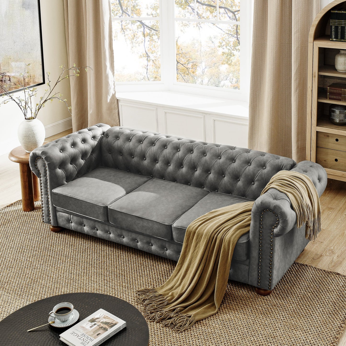 Chesterfield Sofa 3-Seater Sofa Scrolled Arms with Nailhead Decoration