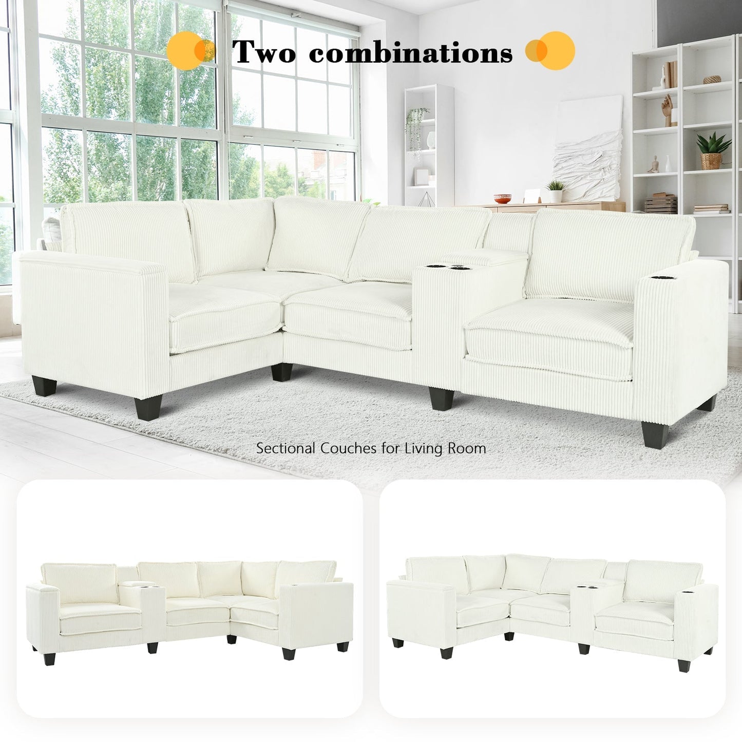 L-shaped 4-seater  corduroy sofa, large storage armrests with center console, USB charging