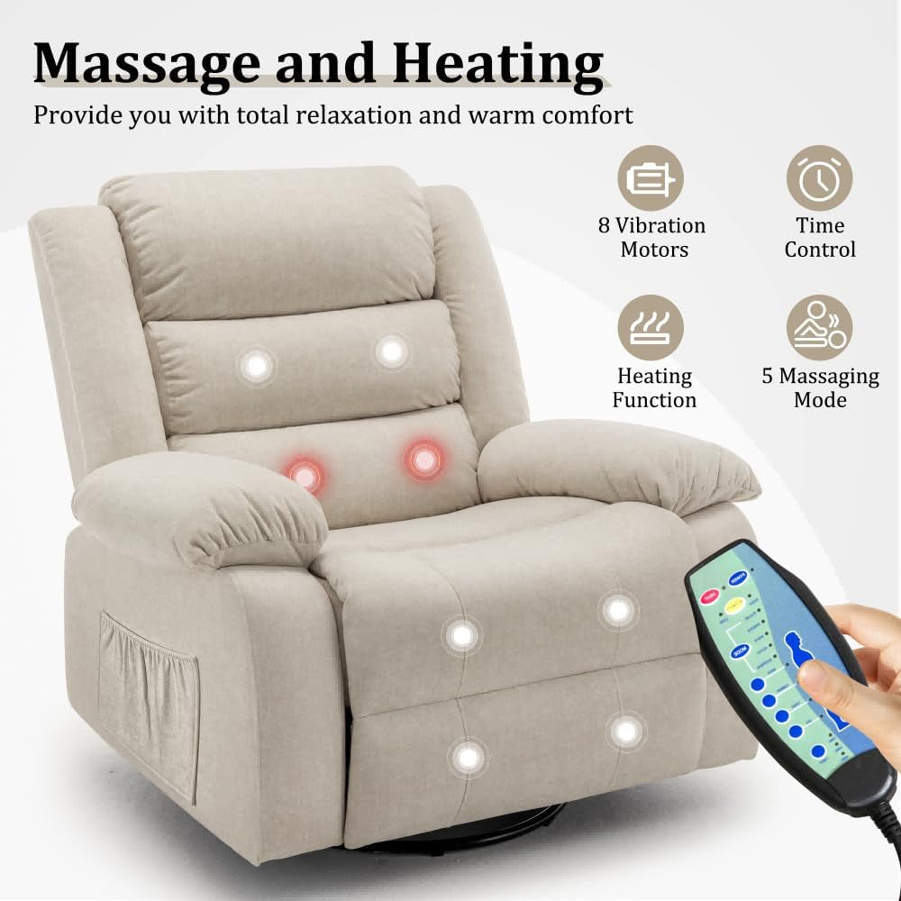 Recliner Chair, Wide Rocker Chair, Rocking Chair with Massage and Heat,360°Swivel.