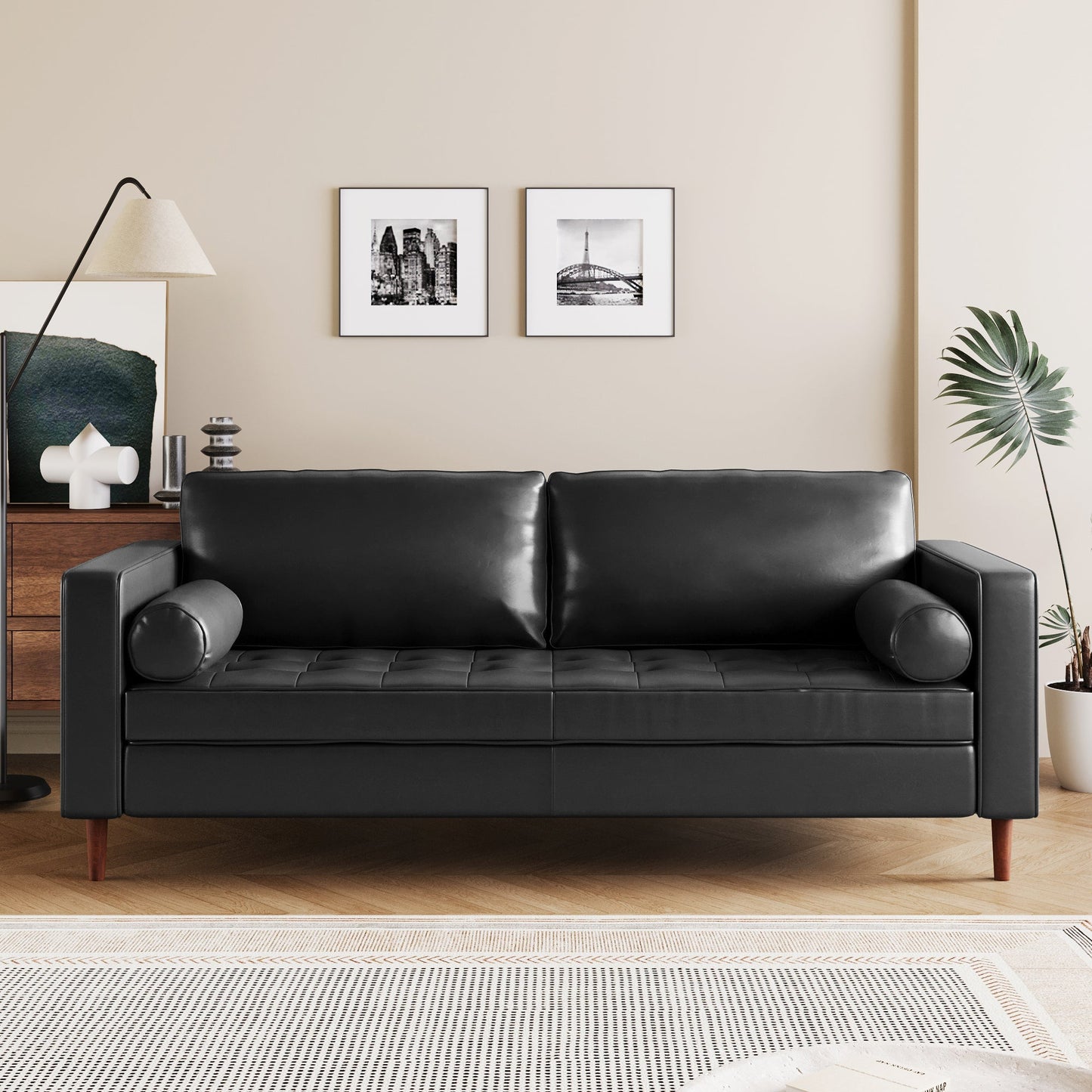 Mirod Mid-Century Modern  Leather 3-Seat Sofa