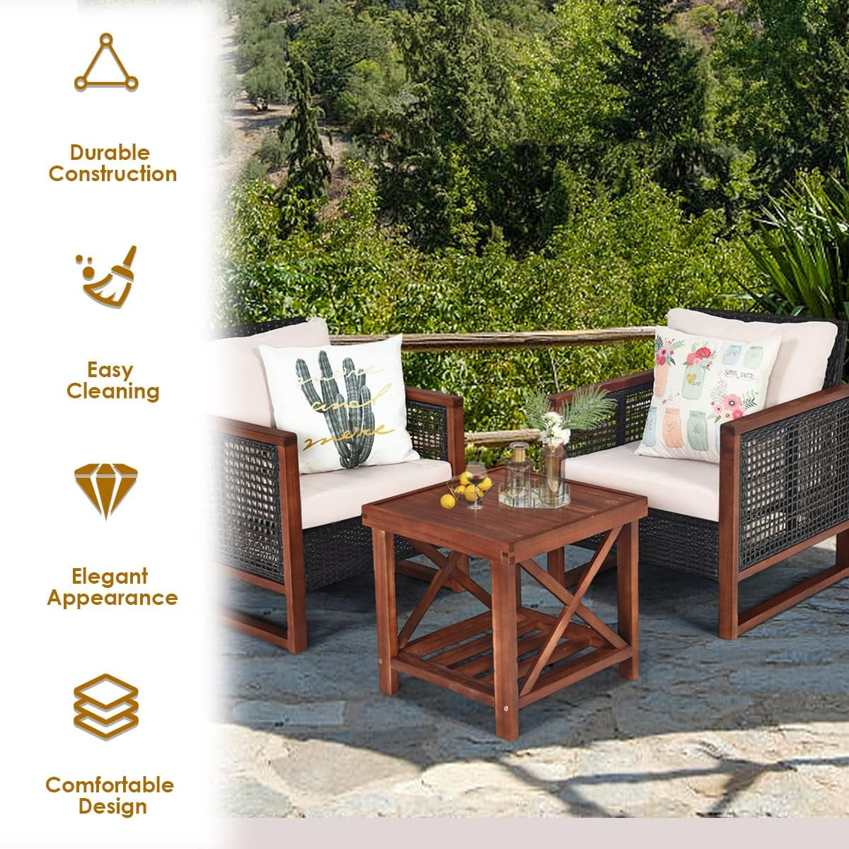 3 Pieces Outdoor Patio Furniture Set Wicker Chairs with Coffee Table