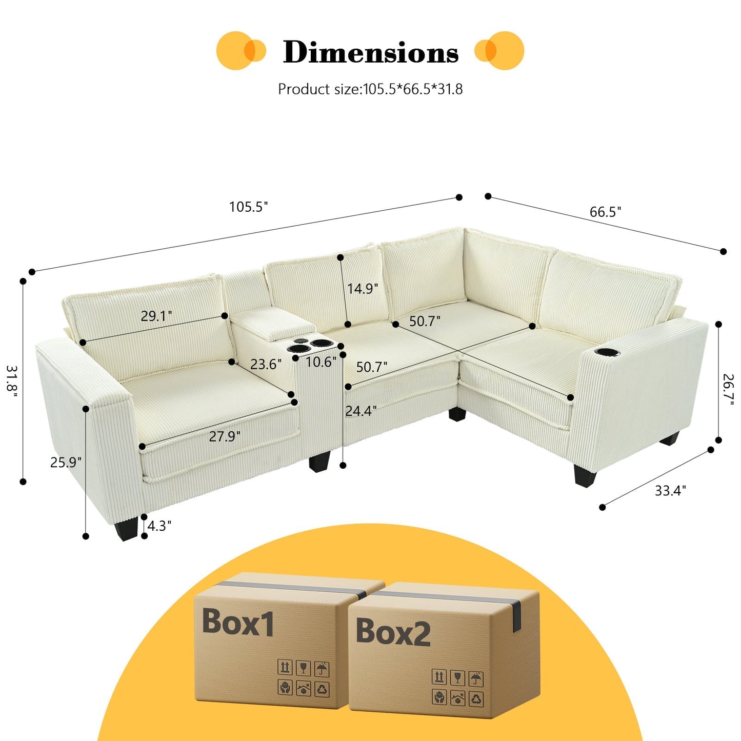 L-shaped 4-seater  corduroy sofa, large storage armrests with center console, USB charging