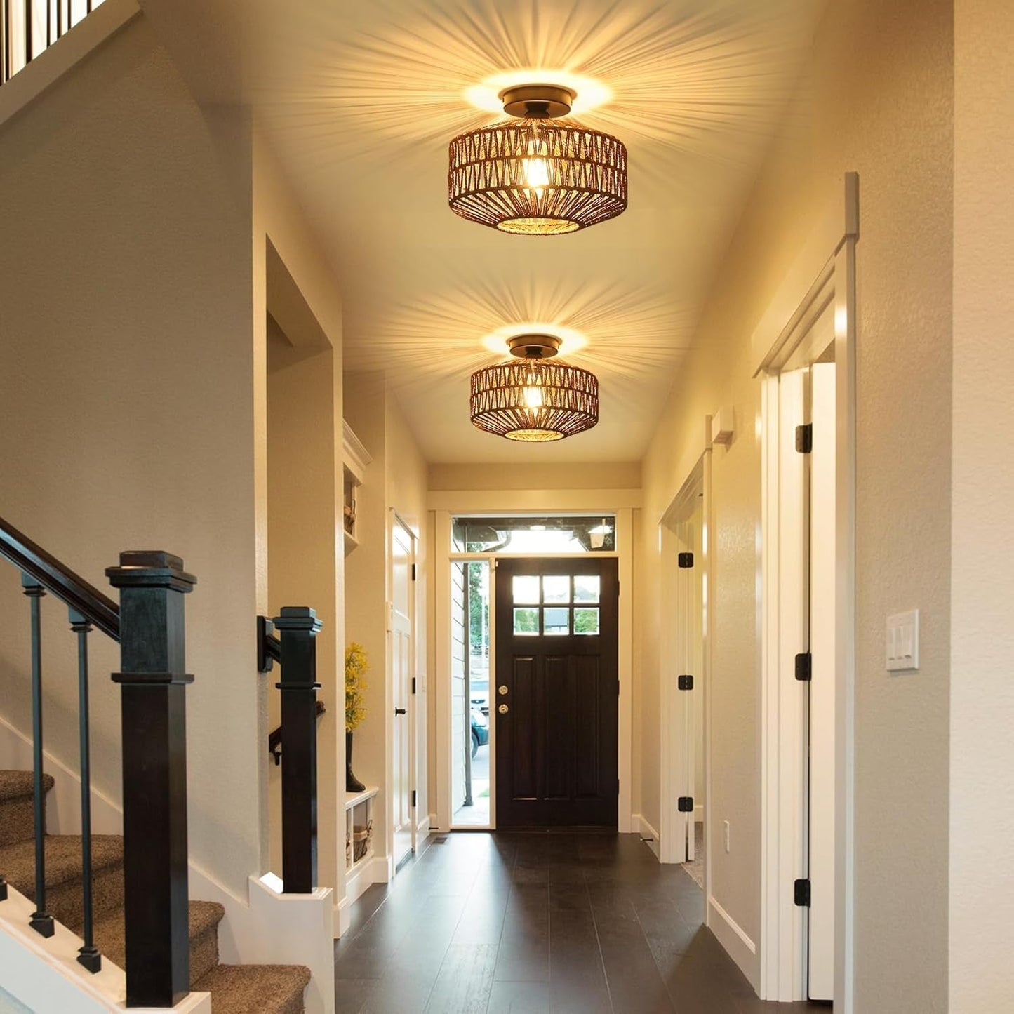 Boho Rattan Light Fixtures Ceiling Mount,Ceiling Light Fixtures with Dimmable LED Bulb.