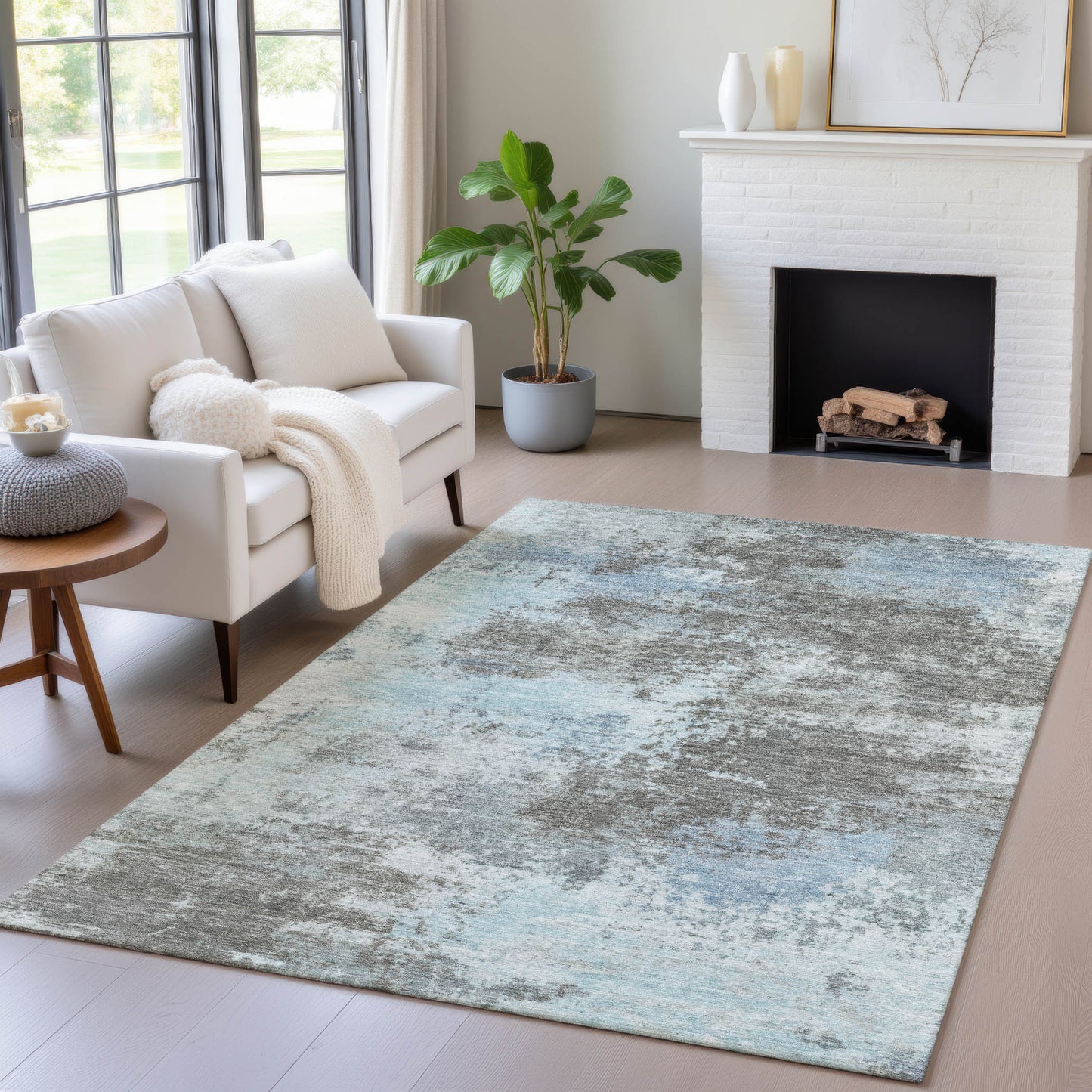 Taupe And Sky Blue Abstract Washable Indoor Outdoor Area Rug 3' X 5'