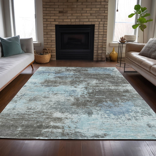 Taupe And Sky Blue Abstract Washable Indoor Outdoor Area Rug 3' X 5'