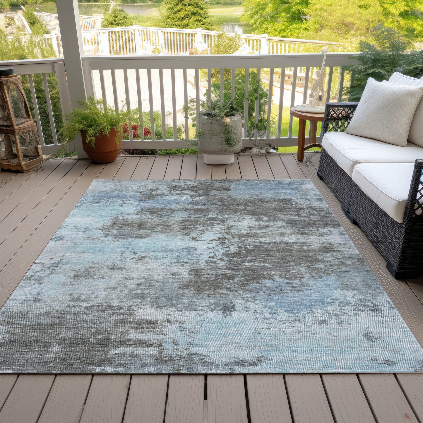 Taupe And Sky Blue Abstract Washable Indoor Outdoor Area Rug 3' X 5'