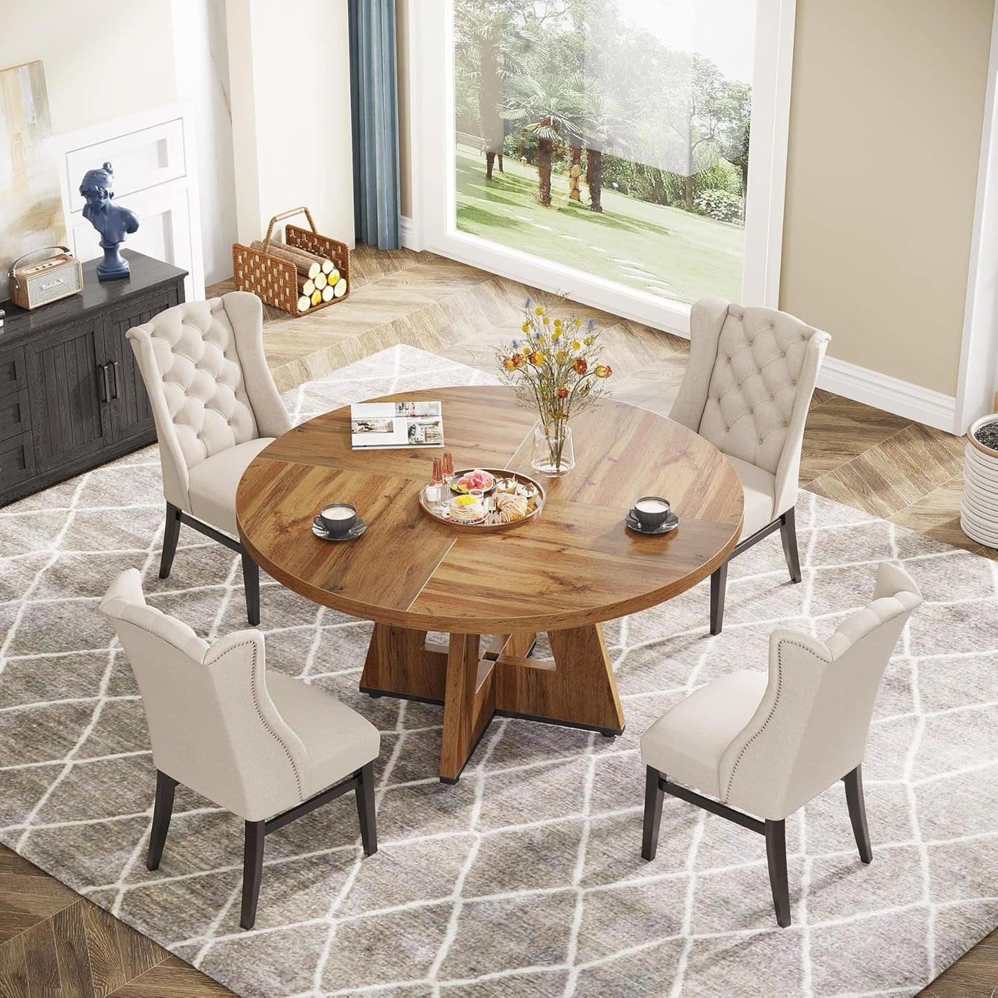 Farmhouse Dining Table, 47 Inch round Dinner Table for 4, Rustic round Dining Room Table for Home Dining Room Living Room (Wood)
