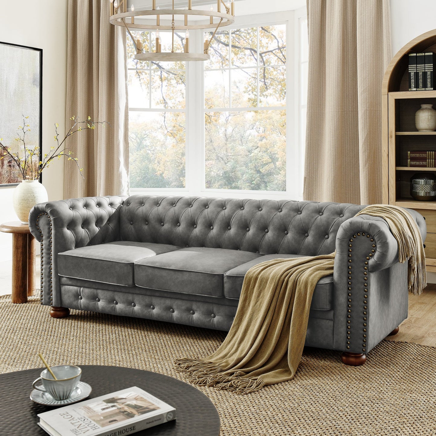 Chesterfield Sofa 3-Seater Sofa Scrolled Arms with Nailhead Decoration