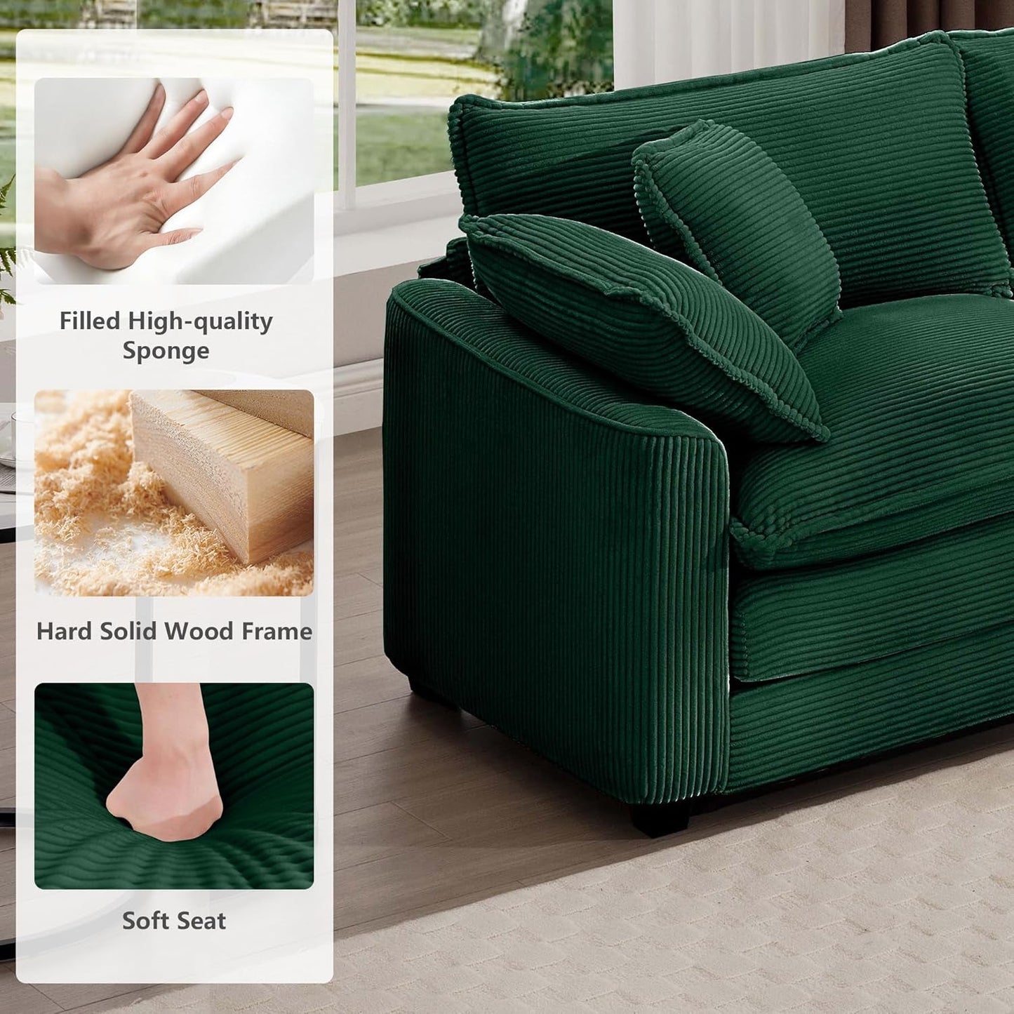 Oversized 2 Piece Sofa Set for Living Room, 3-Seater & Loveseat Couch, Modular Sectional Deep Seat Corduroy Comfy Cloud Couches with 4 Armrest Pillows and 5 Toss Pillows, Green