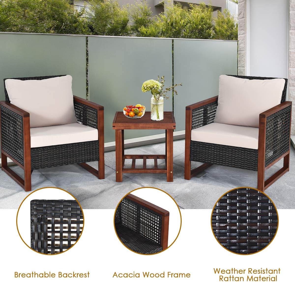 3 Pieces Outdoor Patio Furniture Set Wicker Chairs with Coffee Table