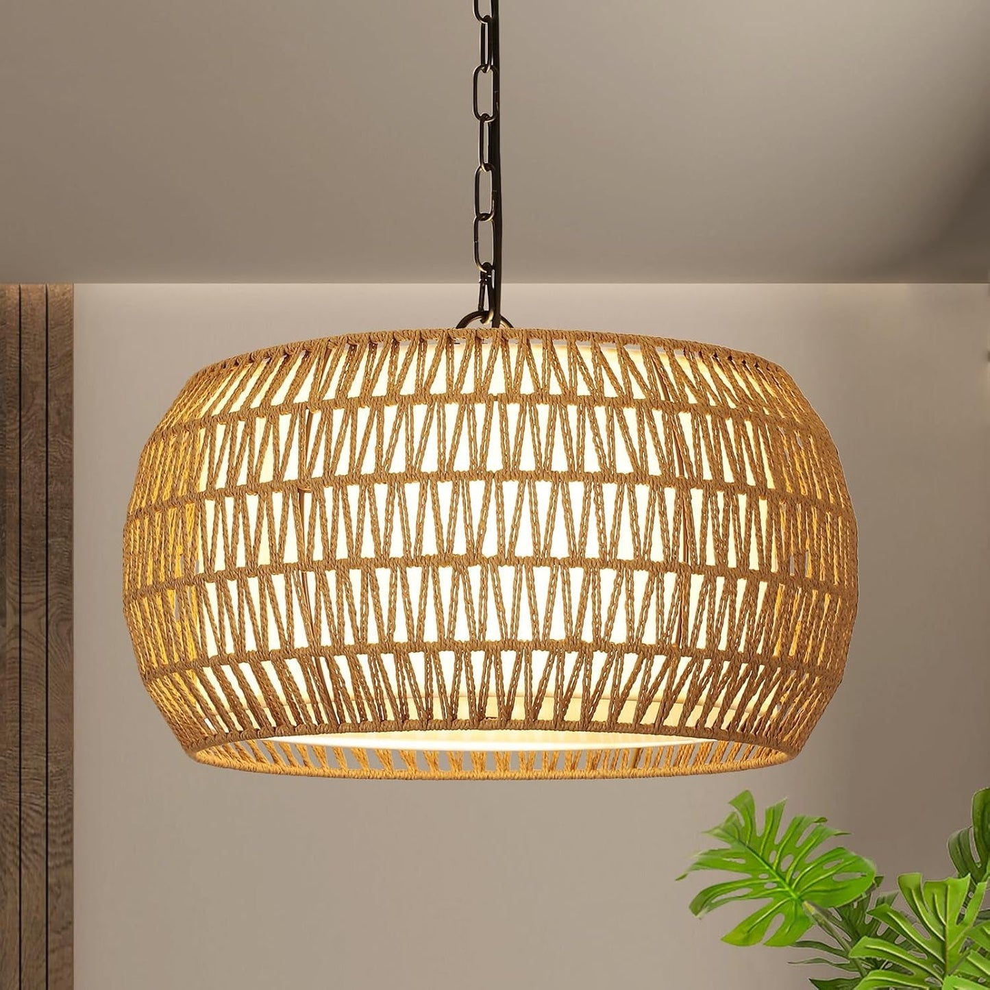 Rattan Farmhouse Chandelier Light Fixtures, 5-Lights Boho Large Pendant Light,Hand Woven Chandeliers for Dining Room with Fabric Shade.