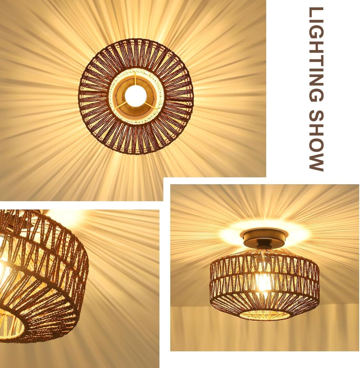 Boho Rattan Light Fixtures Ceiling Mount,Ceiling Light Fixtures with Dimmable LED Bulb.