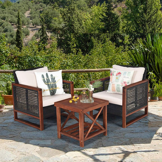 3 Pieces Outdoor Patio Furniture Set Wicker Chairs with Coffee Table