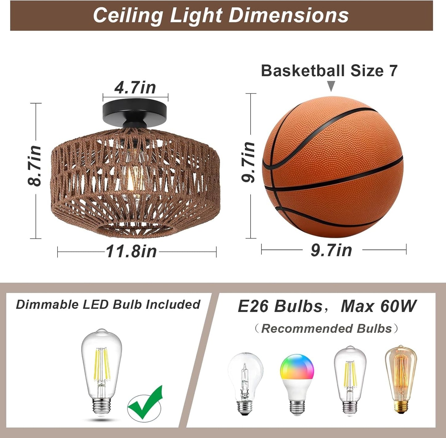 Boho Rattan Light Fixtures Ceiling Mount,Ceiling Light Fixtures with Dimmable LED Bulb.