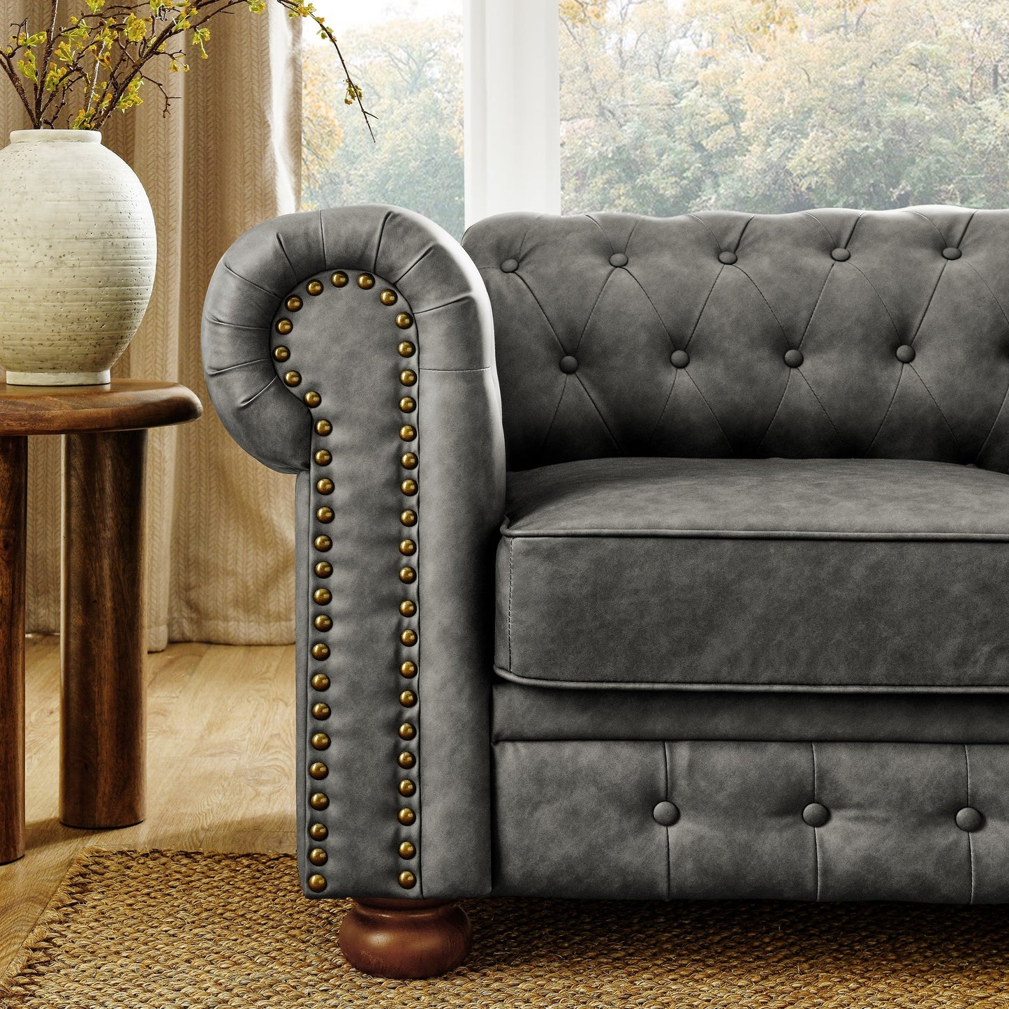 Chesterfield Sofa 3-Seater Sofa Scrolled Arms with Nailhead Decoration