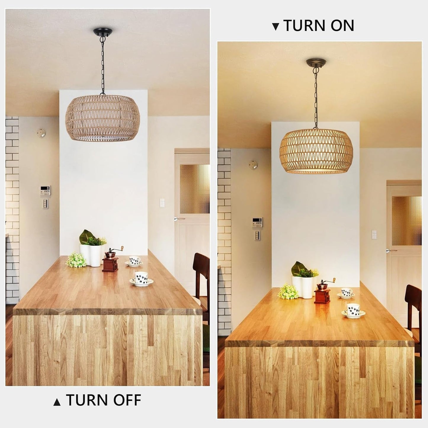 Rattan Farmhouse Chandelier Light Fixtures, 5-Lights Boho Large Pendant Light,Hand Woven Chandeliers for Dining Room with Fabric Shade.